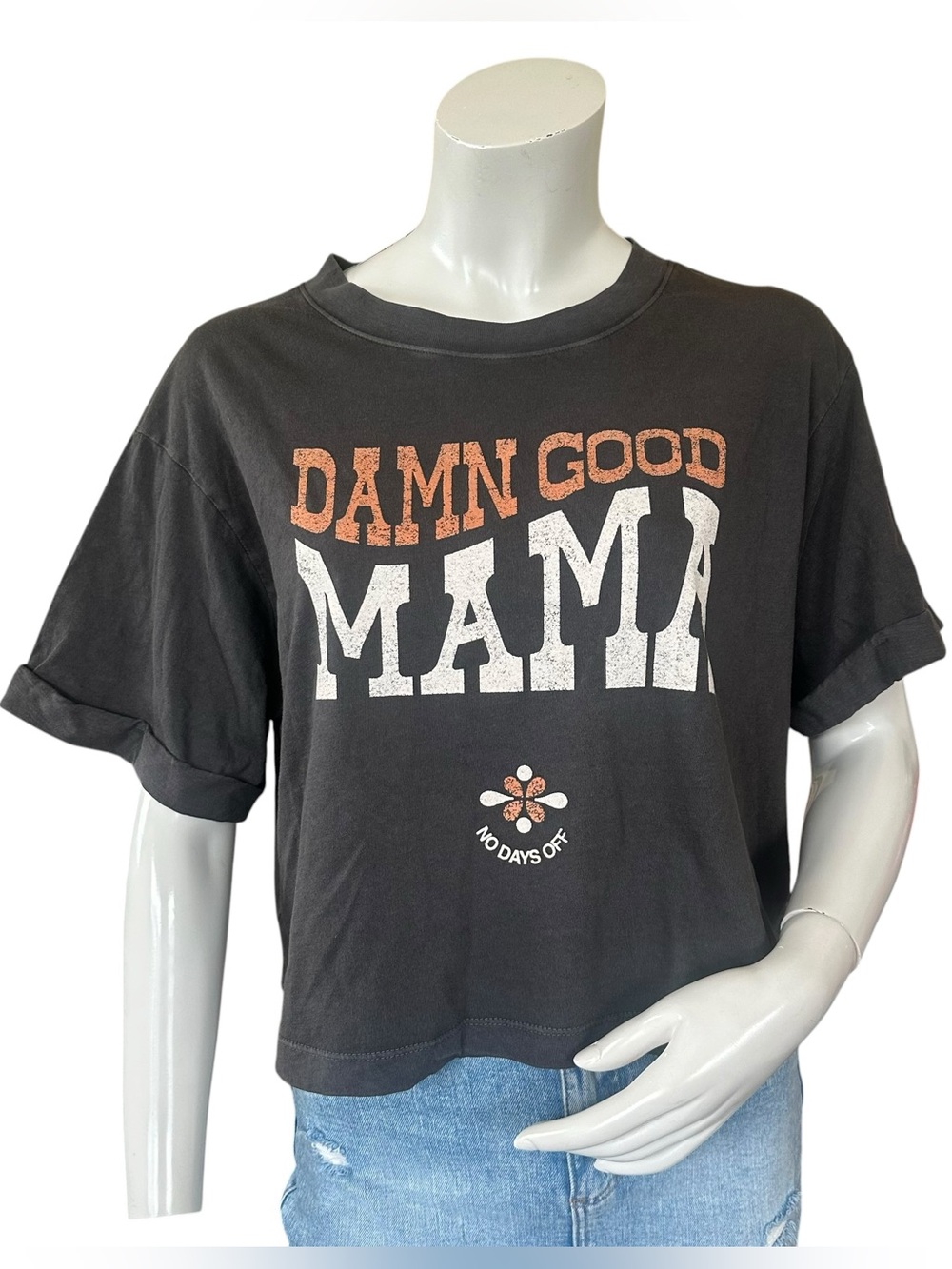Girl Dangerous 100% Cotton Gray “Damn Good Mama” Short Sleeve Crop Top Medium